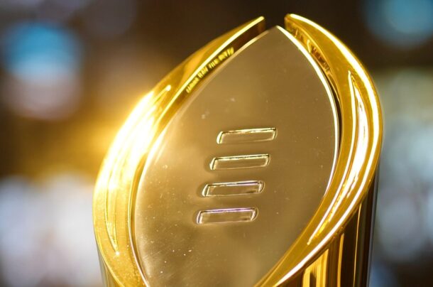 A close-up look at the College Football Playoff trophy.