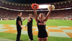 A Tennessee cheerleader faces the crowd during the Volunteers' win over Kentucky.