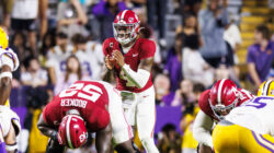 Jalen Milroe prepares to catch the snap during an Alabama game in 2024.