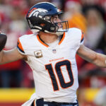 Denver Broncos quarterback Bo Nix throws a pass.