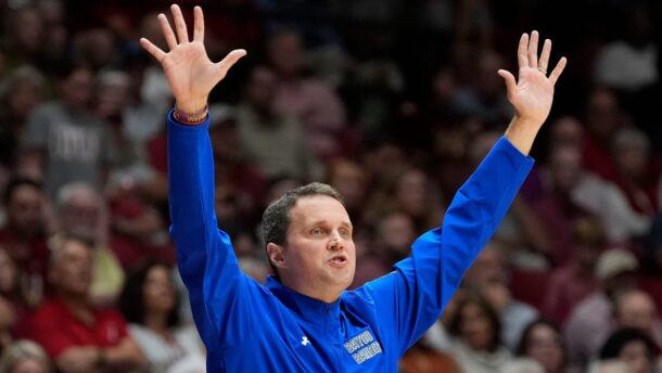 Will Wade coaches during a game in 2024.