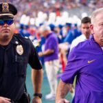 Brian Kelly at halftime of an LSU game in 2024.