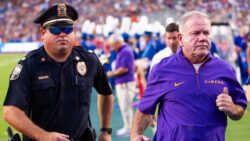 Brian Kelly at halftime of an LSU game in 2024.
