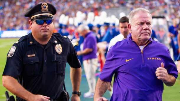 Brian Kelly at halftime of an LSU game in 2024.