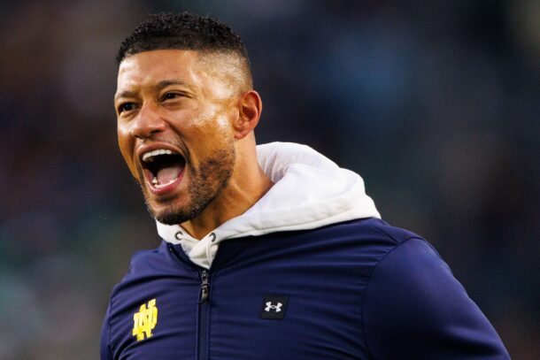 Marcus Freeman celebrates a turnover in the Notre Dame vs. Virginia game in 2024