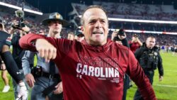 South Carolina head coach Shane Beamer celebrates.
