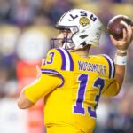 LSU quarterback Garrett Nussmeier attempts a pass.