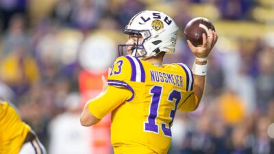 LSU quarterback Garrett Nussmeier attempts a pass.