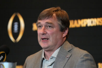Kirby Smart takes questions during a press conference.