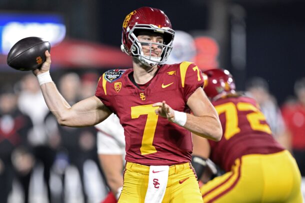 Miller Moss throws a pass in the Holiday Bowl.