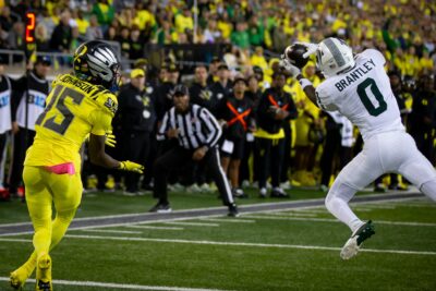 Michigan State defensive back Charles Brantley intercepts a pass.