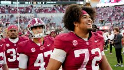 Parker Brailsford leaves the field after an Alabama game.