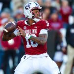 LaNorris Sellers throws a pass for South Carolina.