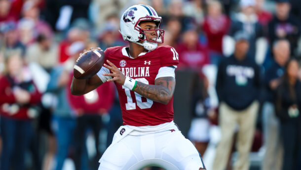 LaNorris Sellers throws a pass for South Carolina.