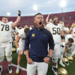 Marcus Freeman celebrates Notre Dame's win.