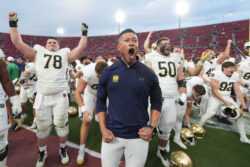 Marcus Freeman celebrates Notre Dame's win.