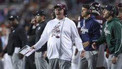 Mike Elko is shown during a Texas A&M game.