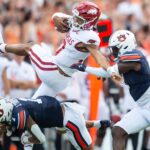 Arkansas quarterback Taylen Green is shown.