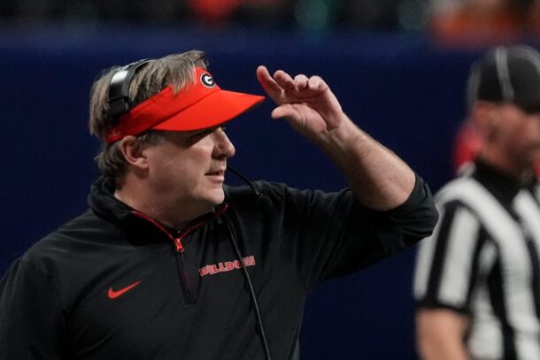 Kirby Smart coaches during a game in 2024.
