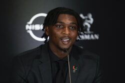 Cam Ward answers questions ahead of the Heisman Trophy ceremony.