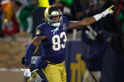 Jayden Thomas celebrates a touchdown for Notre Dame.