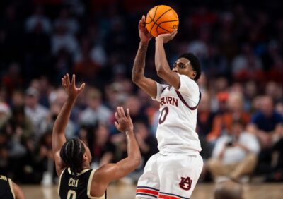 Auburn's Tahaad Pettiford takes a shot against Purdue.