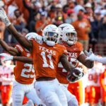Texas celebrates an interception in the win over Clemson.