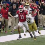 Parker Jones collides with a ref during the Notre Dame vs. Georgia game.