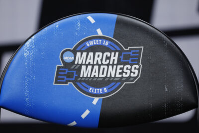 March Madness logo on a chair at the 2024 NCAA Tournament.