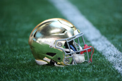 Notre Dame helmet shown pregame.