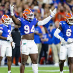 Tyreak Sapp celebrates a play in Florida's game against Kentucky.