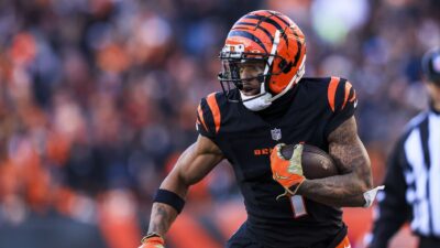 Ja'Marr Chase runs after the catch during a game against the Cleveland Browns.