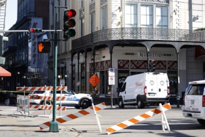 Emergency vehicles on-site at the scene of the New Year's Day attack on Bourbon Street in New Orleans.