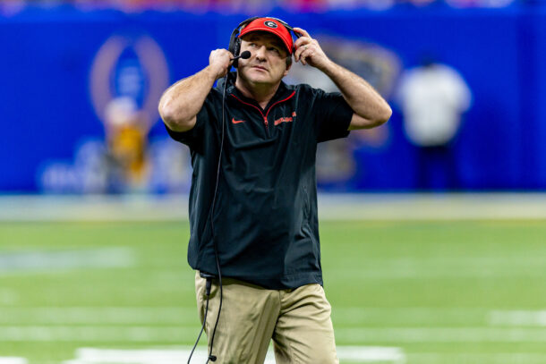Kirby Smart looks on in frustration during a game against Notre Dame.