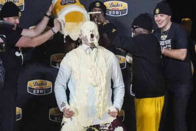 PJ Fleck receives a mayo bath after leading Minnesota to Duke's Mayo Bowl win.