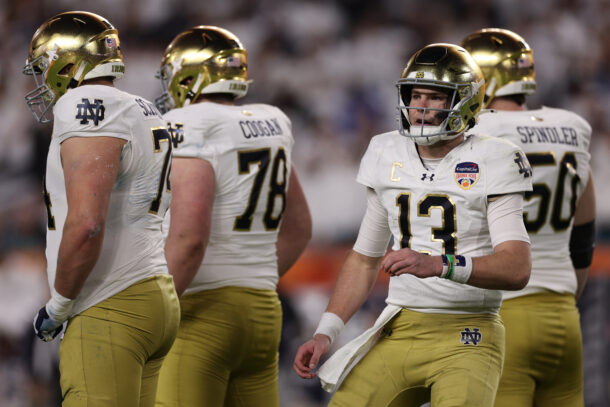 Riley Leonard before a play during the 2025 Orange Bowl.