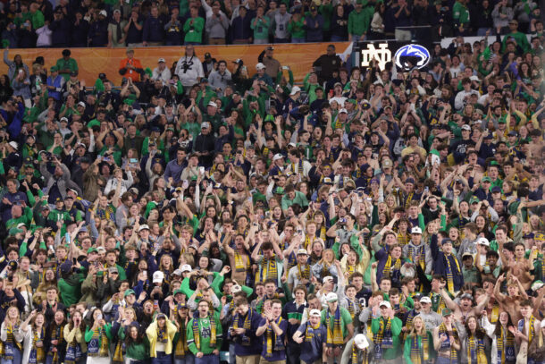 Notre Dame football fans are shown.