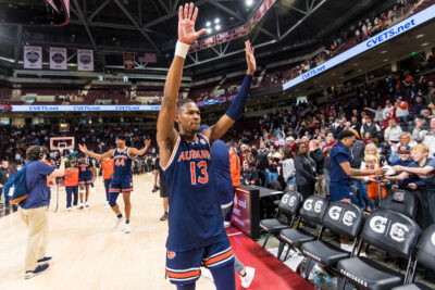 Auburn basketball celebrates a win.