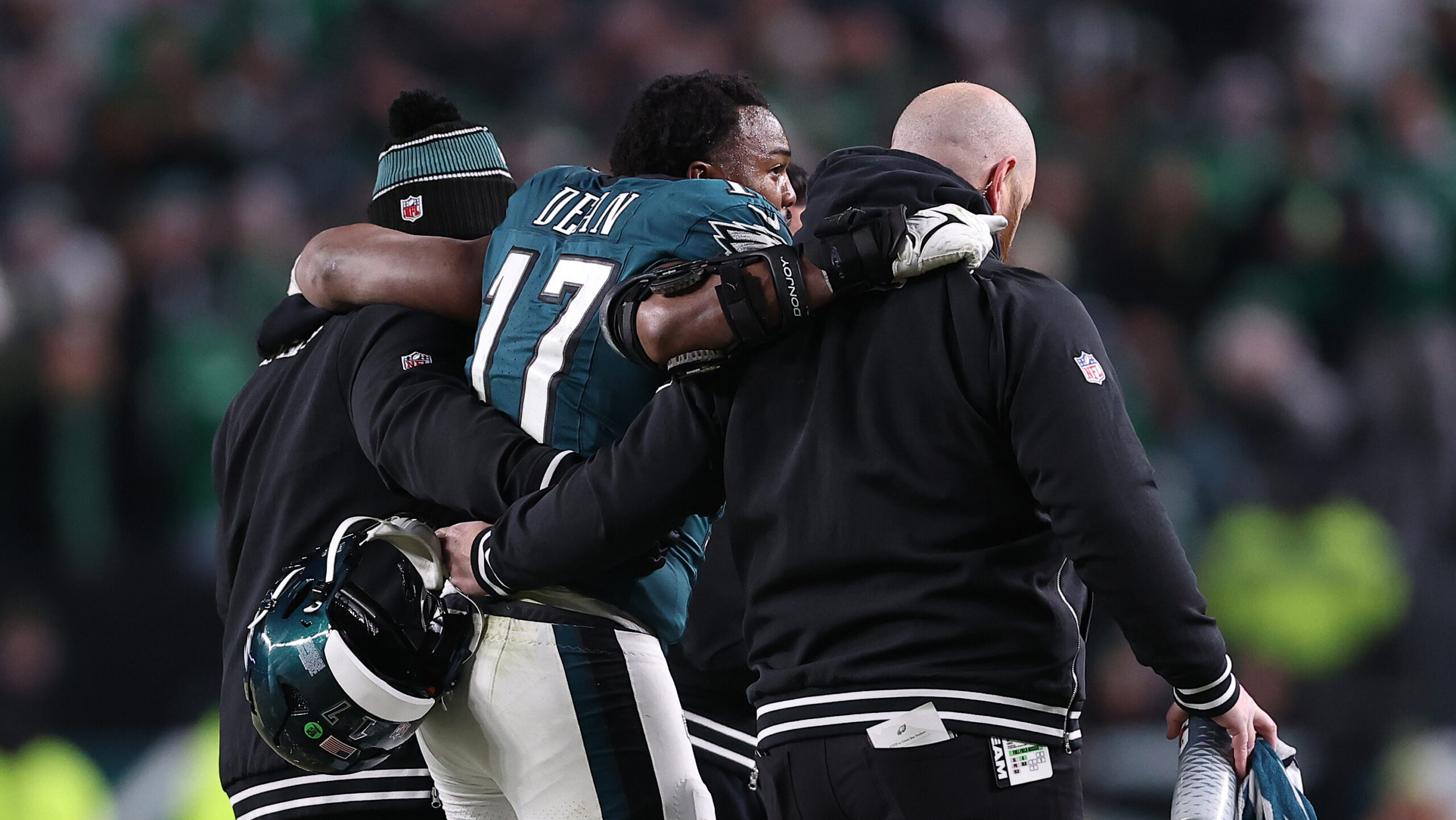 Nakobe Dean leaves Wild Card game on cart, ruled out with injury