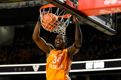 Felix Okpara dunks the basketball in a game in 2025.