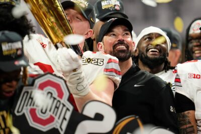 Ohio State head coach Ryan Day celebrates.