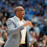 Hubert Davis coaches UNC during a game in 2025.