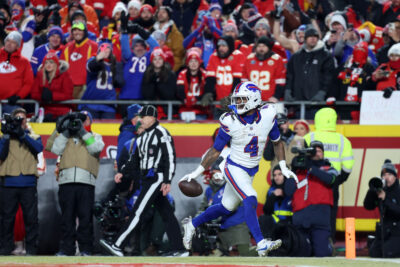 James Cook in the Kansas City endzone.