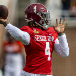 Jalen Milroe throws a pass at the 2025 Senior Bowl.