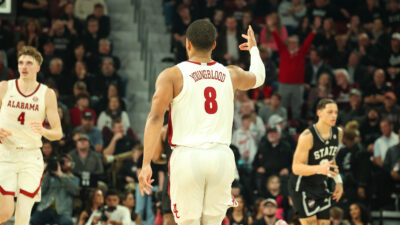 Chris Youngblood makes a 3-pointer for Alabama against Mississippi State.