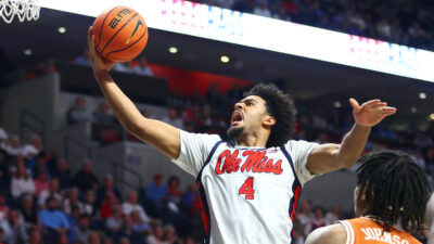 Jaemyn Brakefield shown scoring for Ole Miss against Texas.