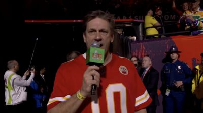 Jon Hamm introduces the Kansas City Chiefs at Super Bowl 59.