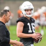 Texas head coach Steve Sarkisian and Arch Manning at practice.