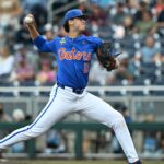 Liam Peterson delivers a pitch during the College World Series in 2024.