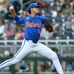 Liam Peterson delivers a pitch during the College World Series in 2024.